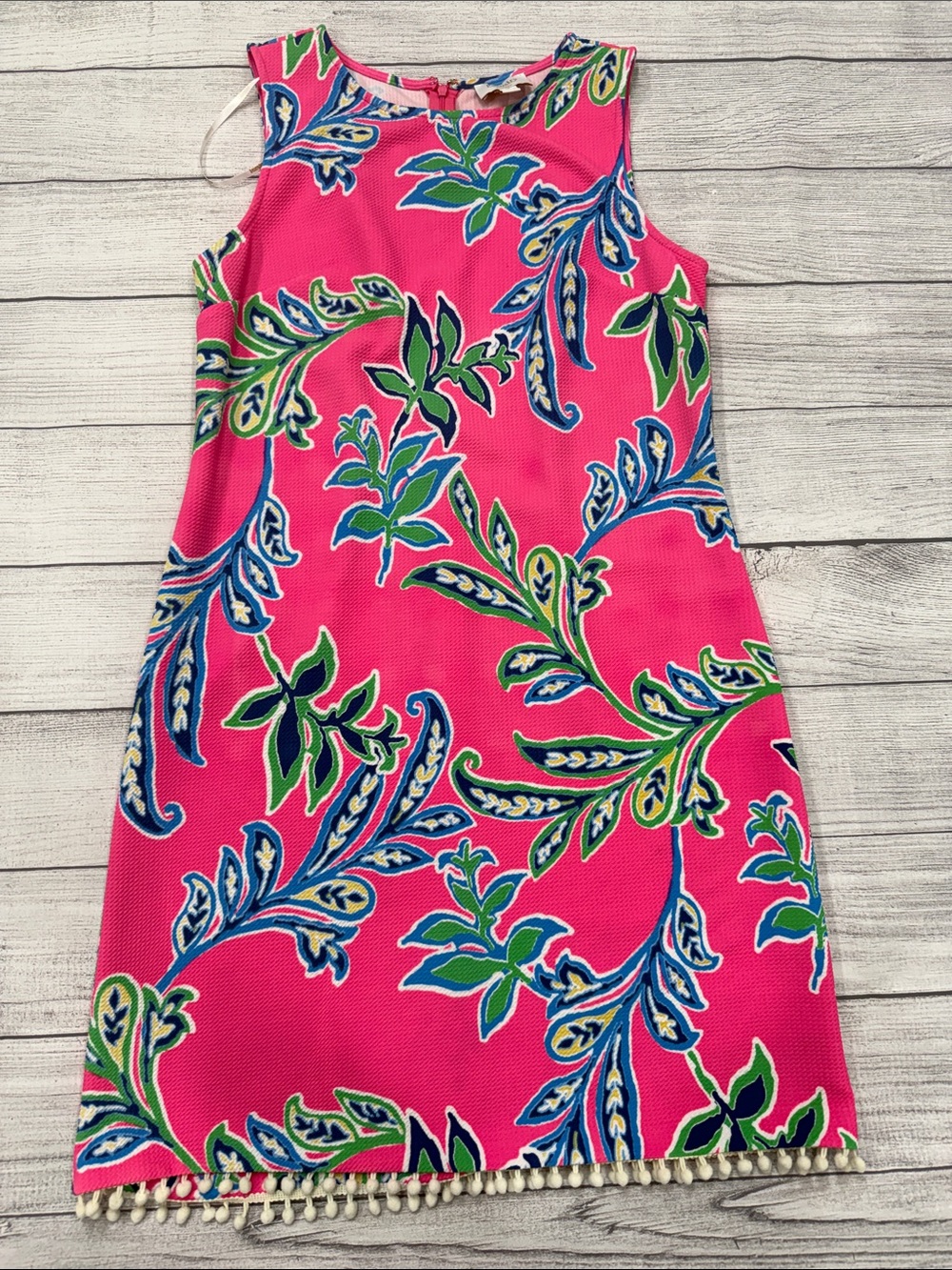 Laundry by Shelli Segal Pink Tropical Shift Dress Pom Trim Sleeveless